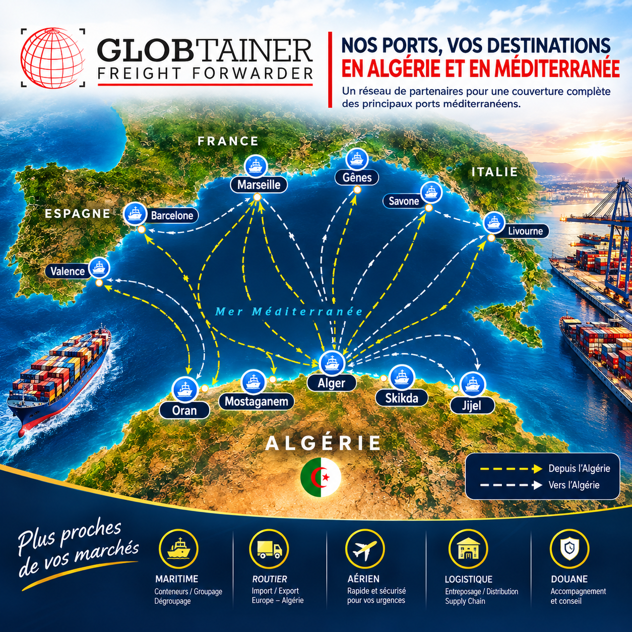 Carte des ports GLOBTAINER en Algérie et en Méditerranée — Alger, Skikda, Oran, Jijel, Mostaganem, Marseille, Gênes, Savone, Livourne, Barcelone, Valence