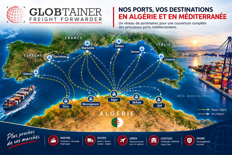 Carte des ports GLOBTAINER en Algérie et en Méditerranée — Alger, Skikda, Oran, Jijel, Mostaganem, Marseille, Gênes, Savone, Livourne, Barcelone, Valence